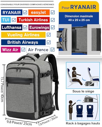 KLOSTAIN Bagage Cabine Ryanair pour Femme Homme 20 L Under Seat Gris