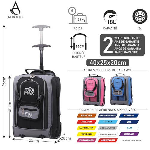Aerolite Bagage à Main en Cabine 18L (40x20x25 cm) avec 2 Ans de Garantie - Sac à Dos à roulettes pour Voyage en Avion