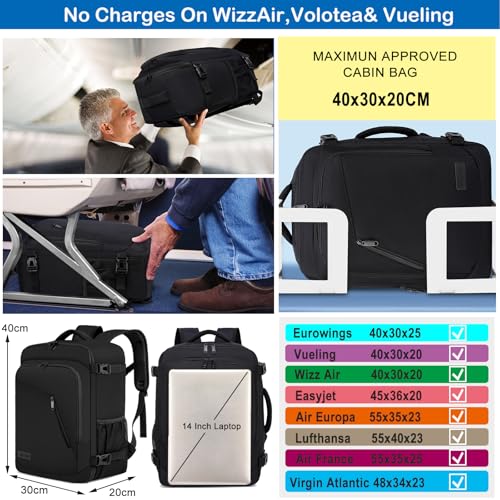WENIG Bagage Cabine 40x30x20 pour Voyage Avion Femme Homme Noir USB Chargeable