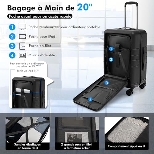 GYMAX Valise Cabine 20'' pour voyageurs d'affaires - Poche avant et port USB - Tige télescopique - Double serrure TSA - 